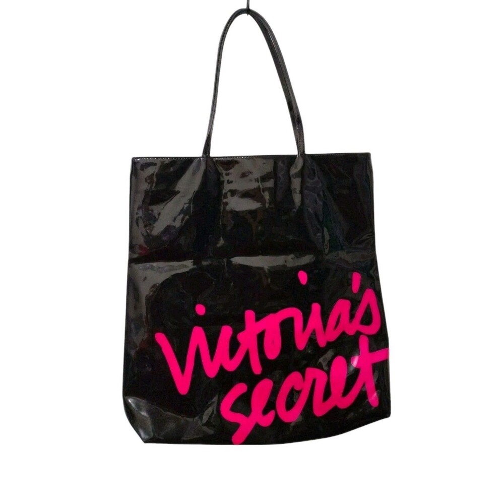 Victoria's Secret Patent Leather Tote Bag Hot Pink Logo Chic Work Vacation 16 In